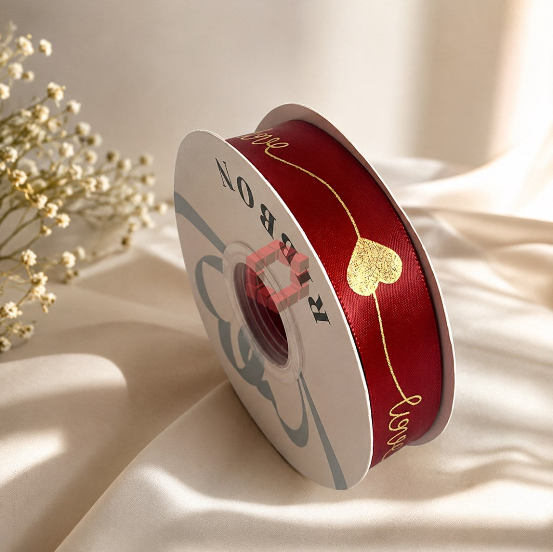 25mm x 50 Yards SATIN RIBBON Love Heart Printed  | Decorative Gift Wrapping Ribbon for Bouquets