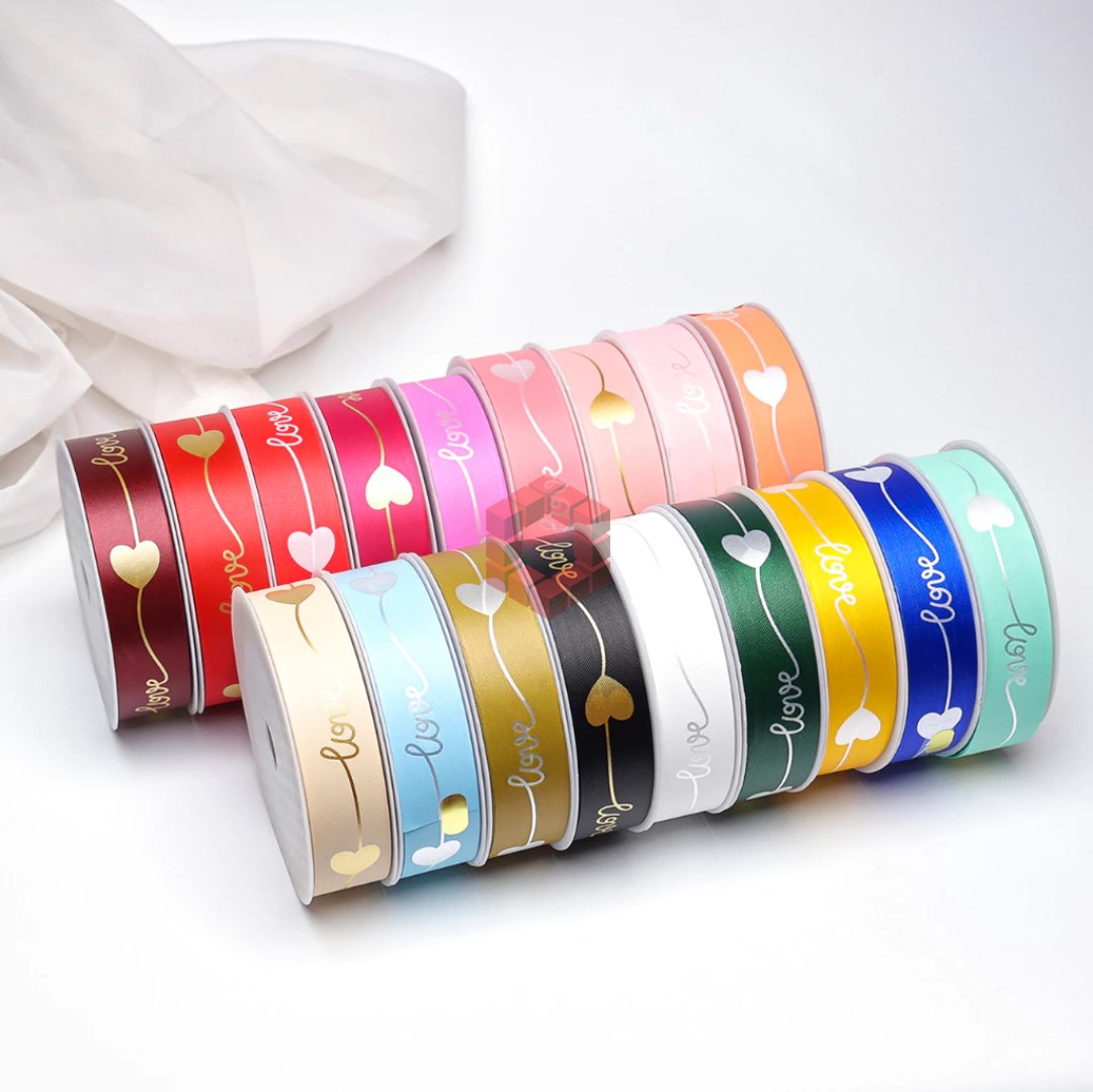 25mm x 50 Yards SATIN RIBBON Love Heart Printed  | Decorative Gift Wrapping Ribbon for Bouquets
