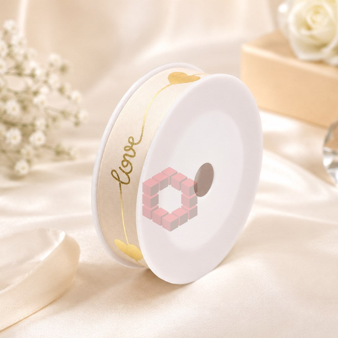 25mm x 50 Yards SATIN RIBBON Love Heart Printed  | Decorative Gift Wrapping Ribbon for Bouquets