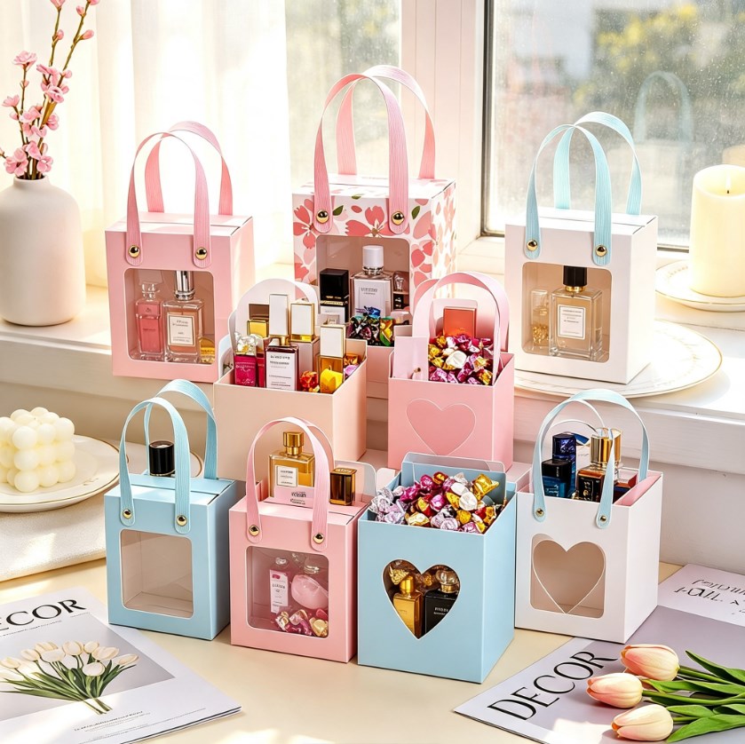 10pcs Premium Candy Gift Boxes with Clear Window | Pink Paper Favor Souvenir & Party Gifts