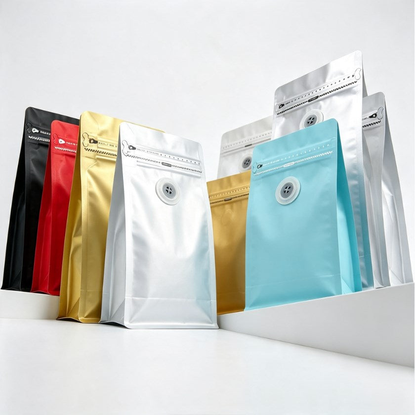 50pcs Flat Bottom Coffee Bean Bag with One-Way Valve | Premium Resealable Zip Lock Coffee Packaging