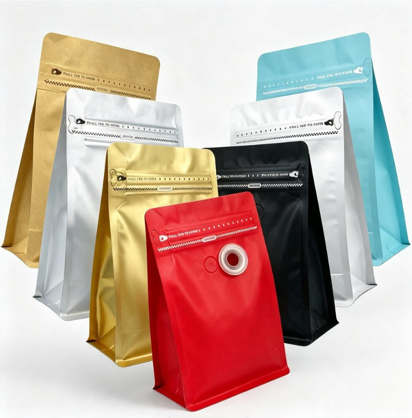 50pcs Flat Bottom Coffee Bean Bag with One-Way Valve | Premium Resealable Zip Lock Coffee Packaging