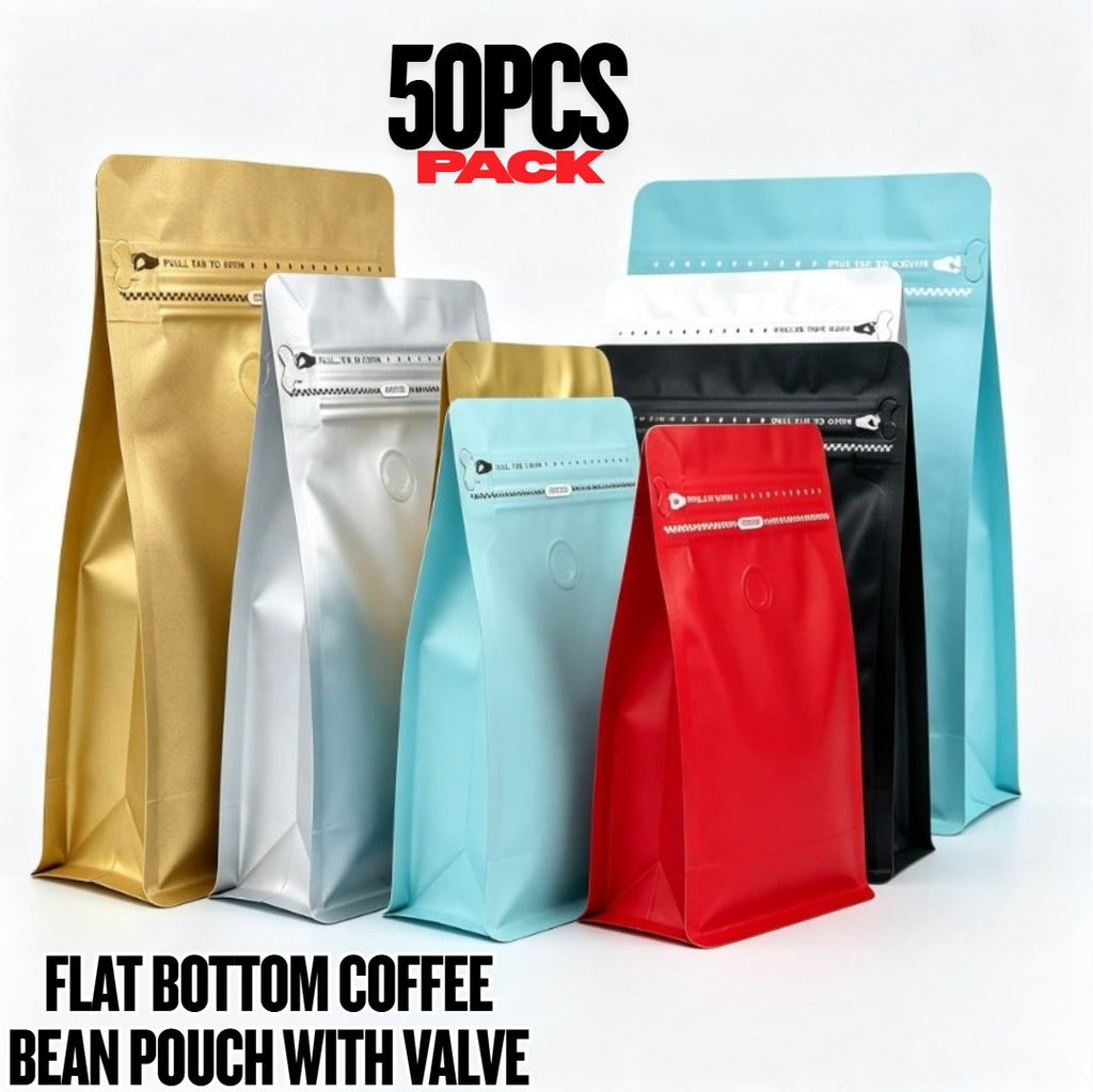 50pcs Flat Bottom Coffee Bean Bag with One-Way Valve | Premium Resealable Zip Lock Coffee Packaging