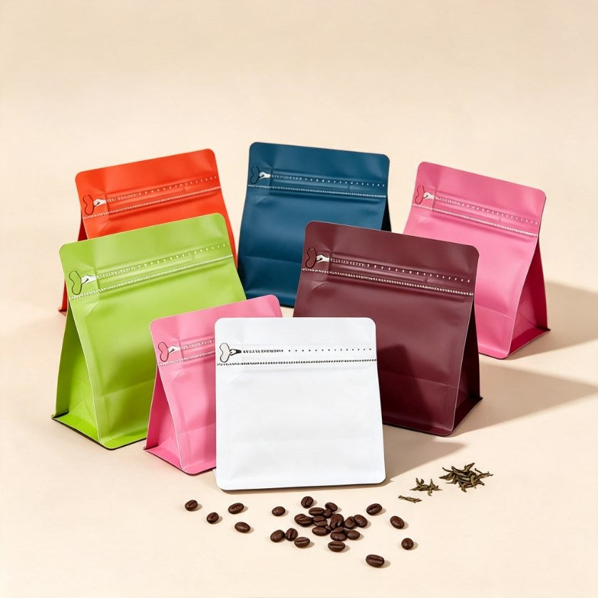 50pcs Flat Bottom Coffee Bean Bag with One-Way Valve | Premium Resealable Zip Lock Coffee Packaging