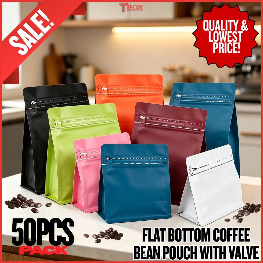 50pcs Flat Bottom Coffee Bean Bag with One-Way Valve | Premium Resealable Zip Lock Coffee Packaging