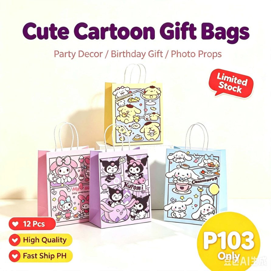 12pcs Sanrio Gift Bags Party Favor Bags | Cartoon Character Gift Tote Bags | Cute Gift Wrapping