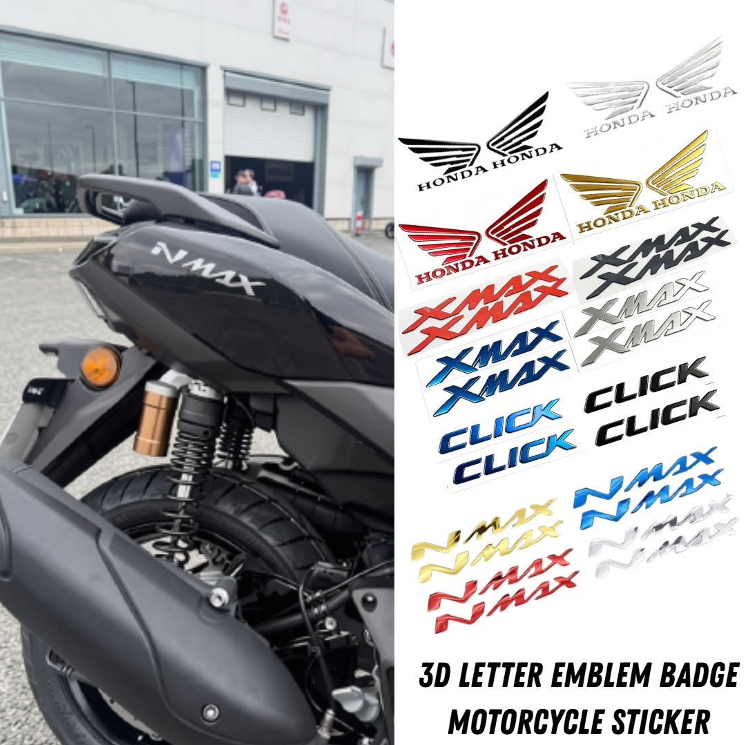 2PCS 3D Letter Emblem Badge Motorcycle Sticker | Waterproof Decal for XMAX NMAX CLICK Honda Wing