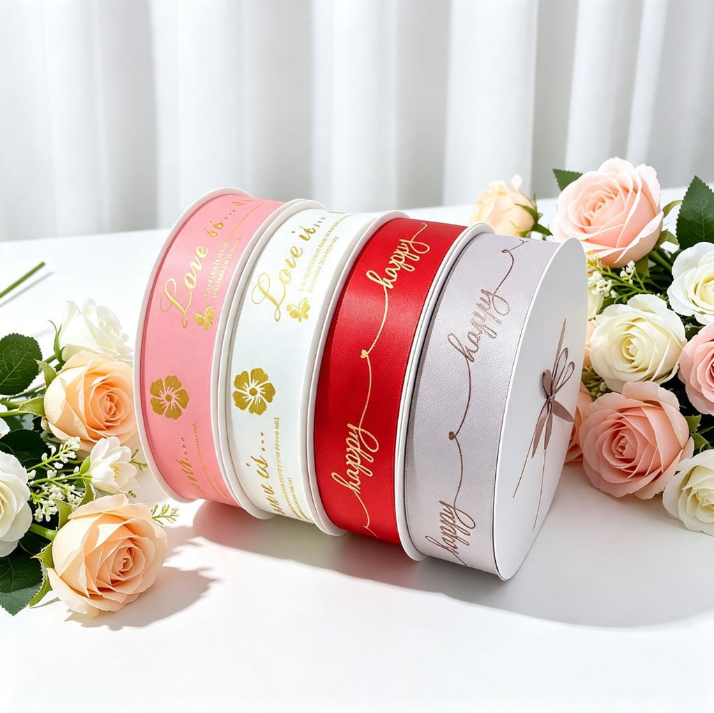 3cm x 50Yards Double-Sided Gold Print Ribbon | Soft Light Plastic Ribbon for Wedding Flower Gift Wra