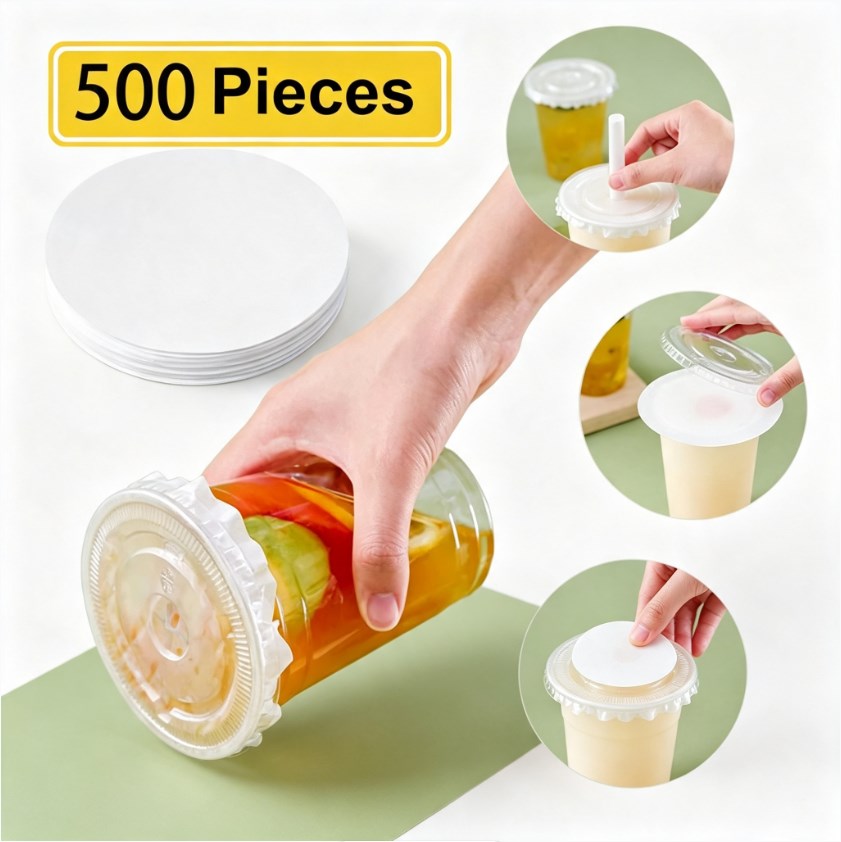500pcs 13cm | Leak-Proof Cup Sealing Paper | Anti-Overflow Paper Mat for Milk Tea, Coffee & Takeaway