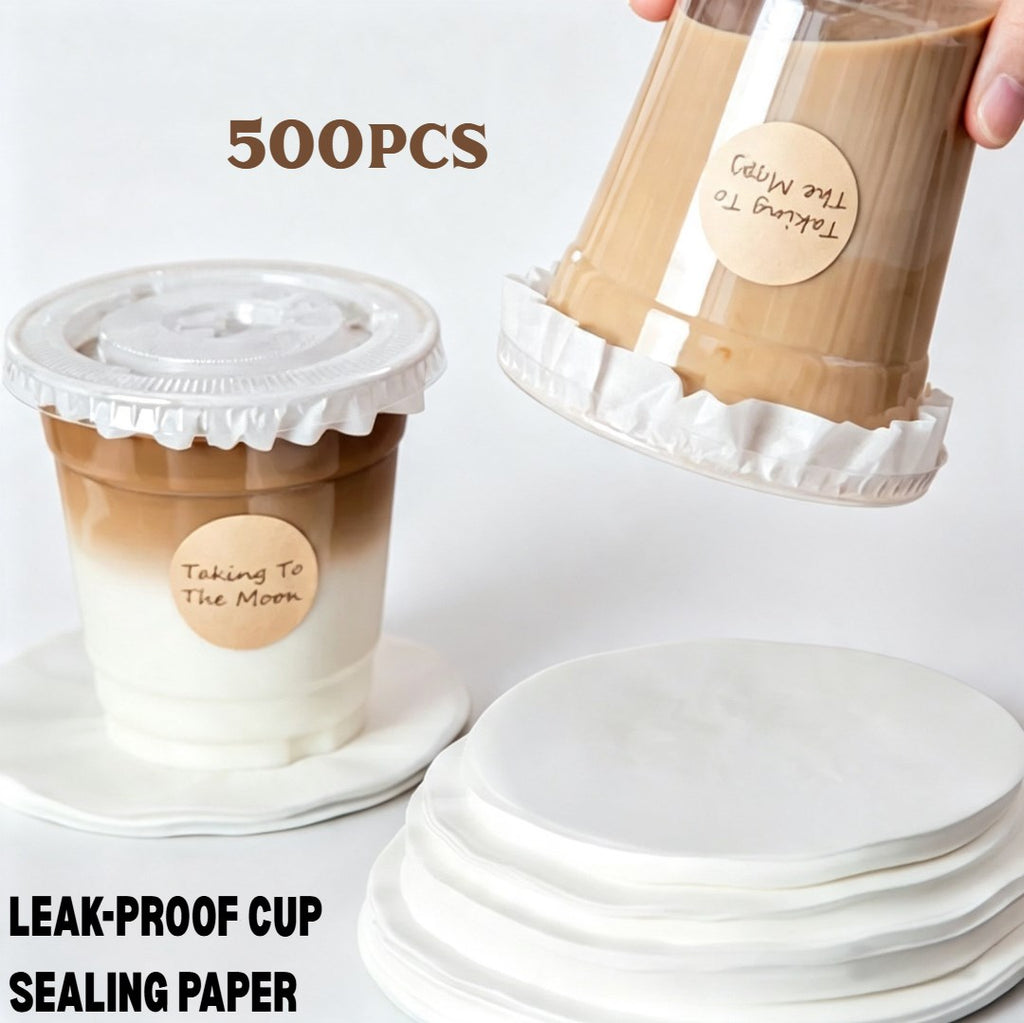 500pcs 13cm | Leak-Proof Cup Sealing Paper | Anti-Overflow Paper Mat for Milk Tea, Coffee & Takeaway