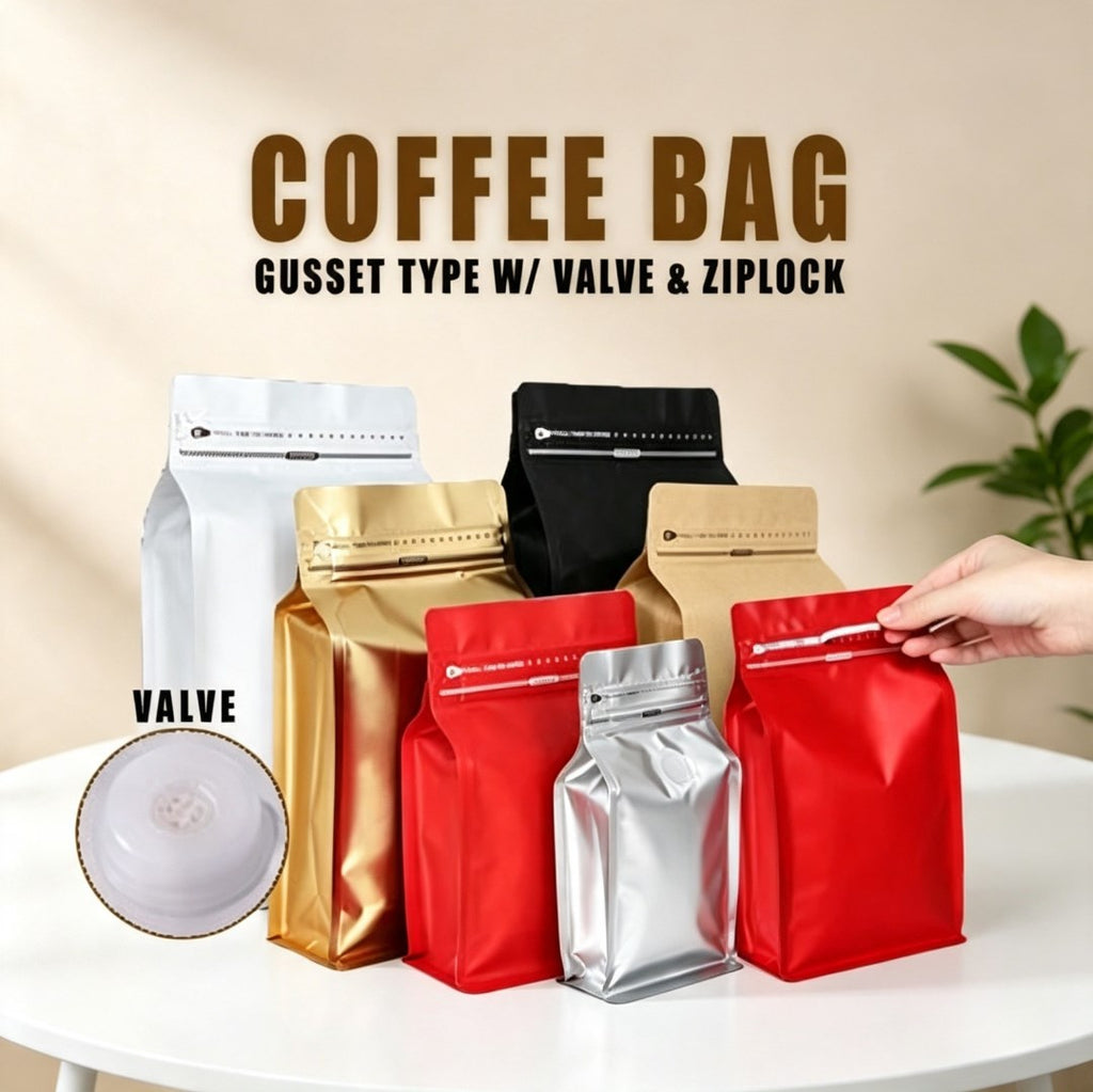 1pc Coffee Stand Up Pouch with Valve and Gusset Type Flat Bottom