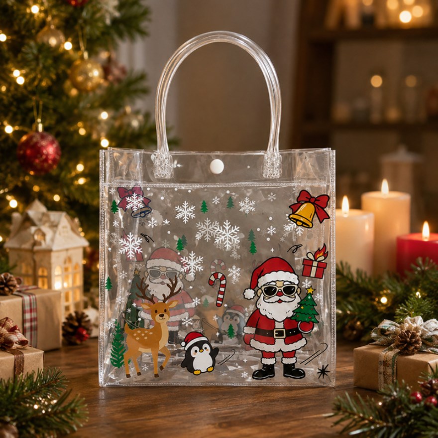 5pcs Christmas Halloween PVC Transparent Tote Bag Waterproof Cartoon Gift Bag Transparent