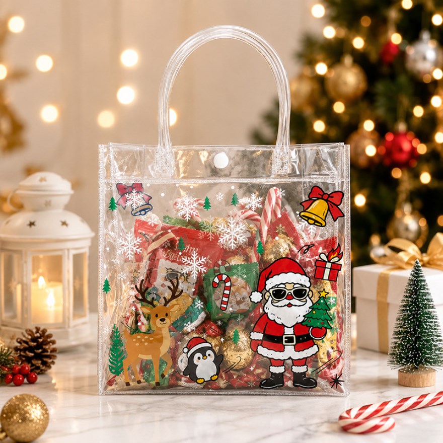 5pcs Christmas Halloween PVC Transparent Tote Bag Waterproof Cartoon Gift Bag Transparent