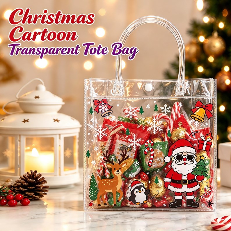 5pcs Christmas Halloween PVC Transparent Tote Bag Waterproof Cartoon Gift Bag Transparent