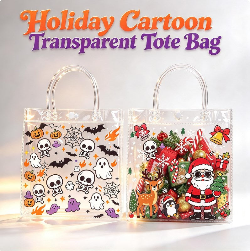 5pcs Christmas Halloween PVC Transparent Tote Bag Waterproof Cartoon Gift Bag Transparent