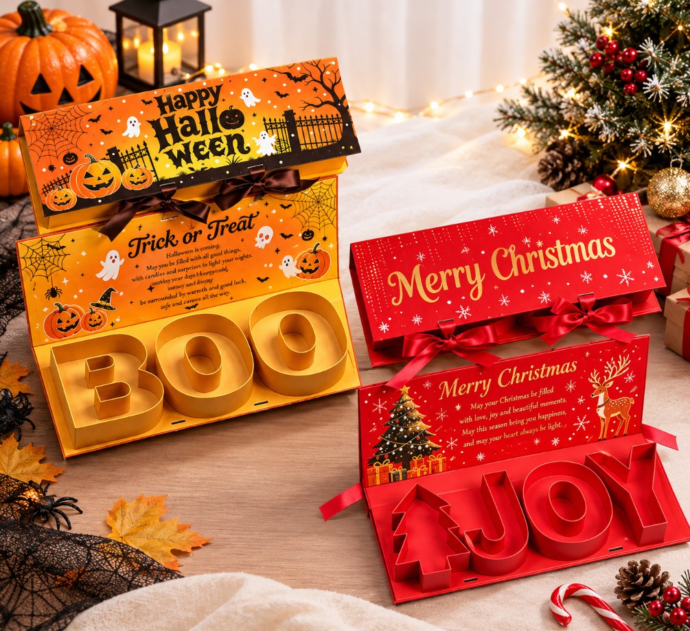 3D Pop Up Gift Box Halloween Christmas BOO JOY Treat Box Party Gift Packaging with Ribbon