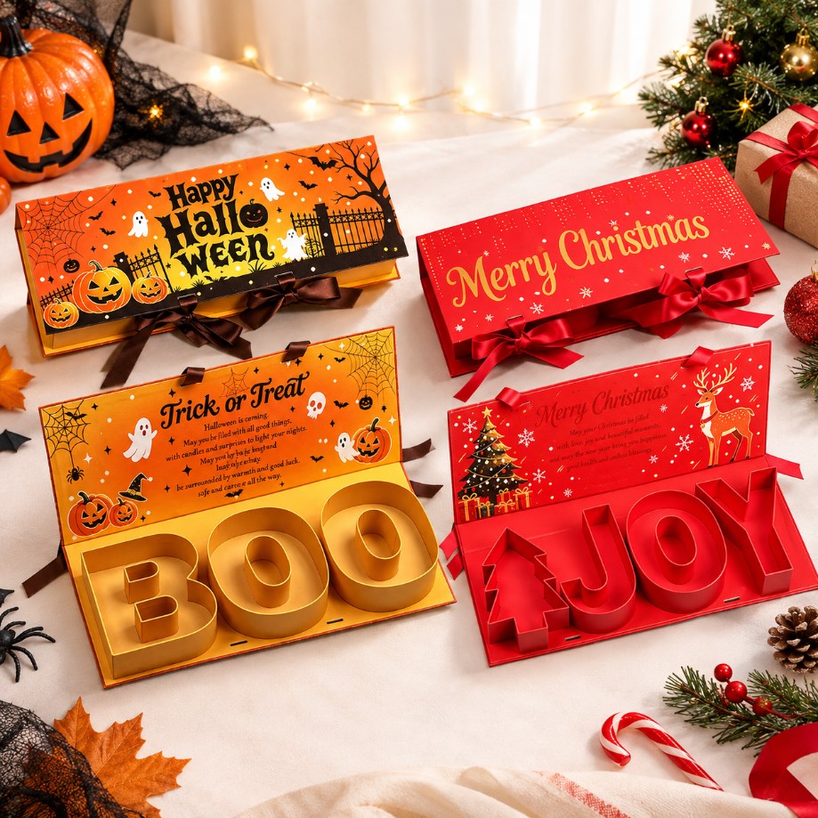 3D Pop Up Gift Box Halloween Christmas BOO JOY Treat Box Party Gift Packaging with Ribbon
