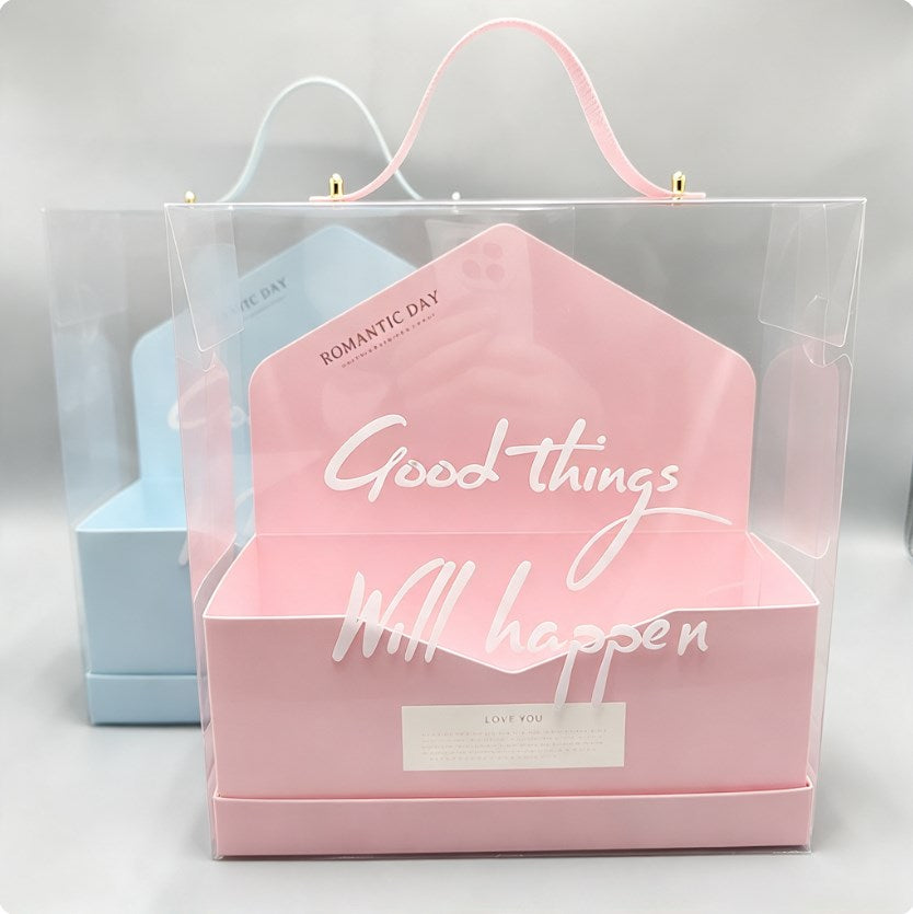 5PCS Flower Packaging Box Transparent Gift Box with Ribbon Handle | Pink Blue Bouquet Box