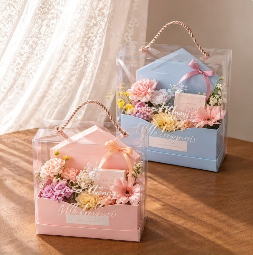 5PCS Flower Packaging Box Transparent Gift Box with Ribbon Handle | Pink Blue Bouquet Box