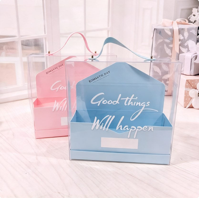 5PCS Flower Packaging Box Transparent Gift Box with Ribbon Handle | Pink Blue Bouquet Box