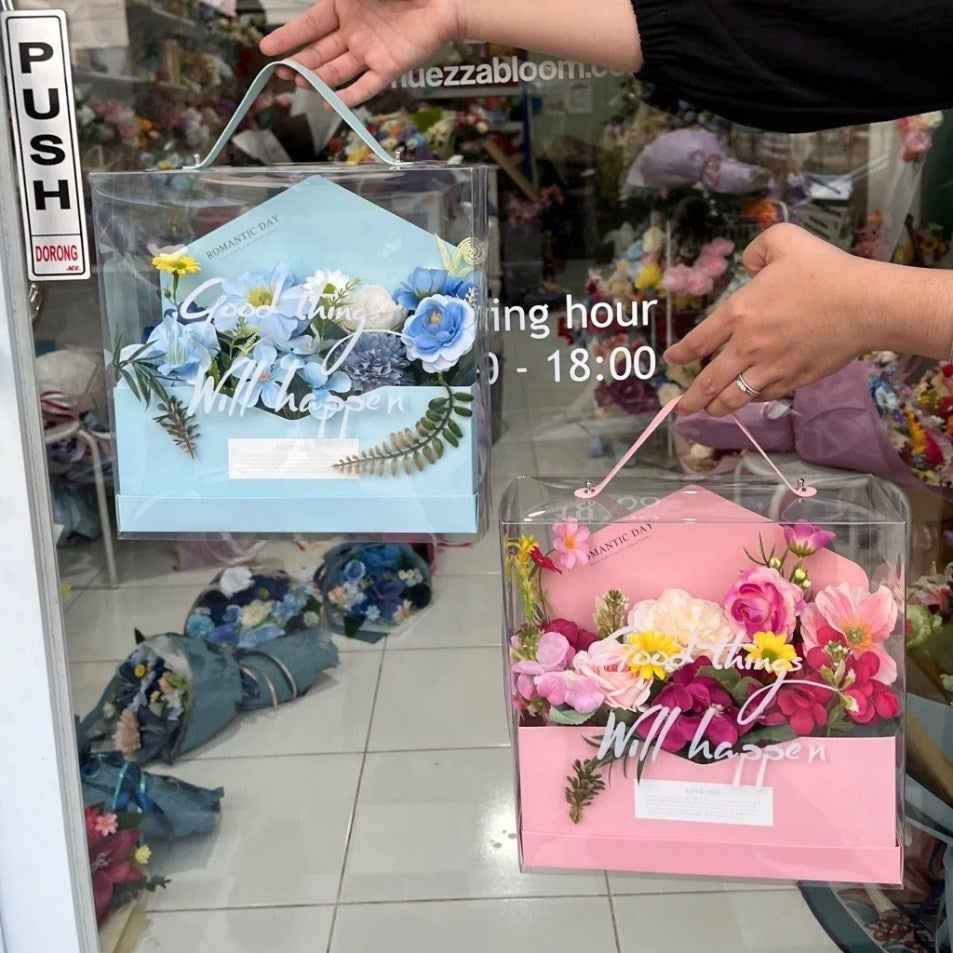 5PCS Flower Packaging Box Transparent Gift Box with Ribbon Handle | Pink Blue Bouquet Box