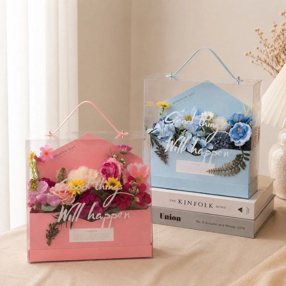 5PCS Flower Packaging Box Transparent Gift Box with Ribbon Handle | Pink Blue Bouquet Box