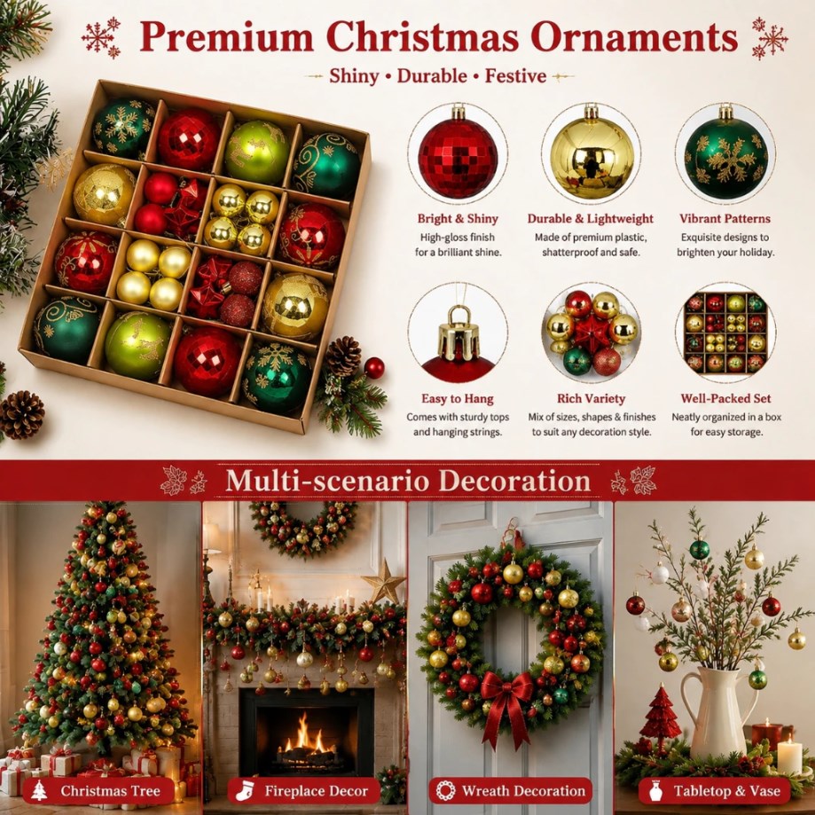 44PCS Christmas Balls Ornament Set Shatterproof Hanging Christmas Tree Decorations for Home Holiday