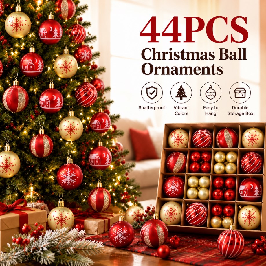 44PCS Christmas Balls Ornament Set Shatterproof Hanging Christmas Tree Decorations for Home Holiday