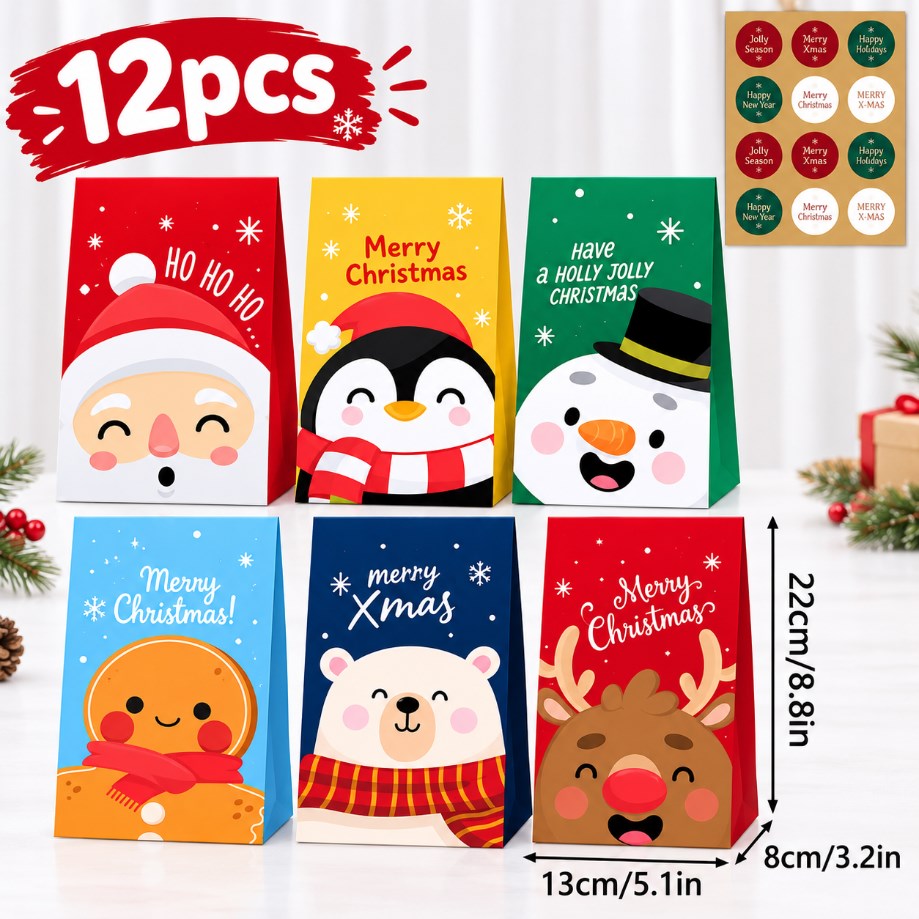 12Pcs Christmas Paper Bags Packaging Candy Gift Wrapping Bag