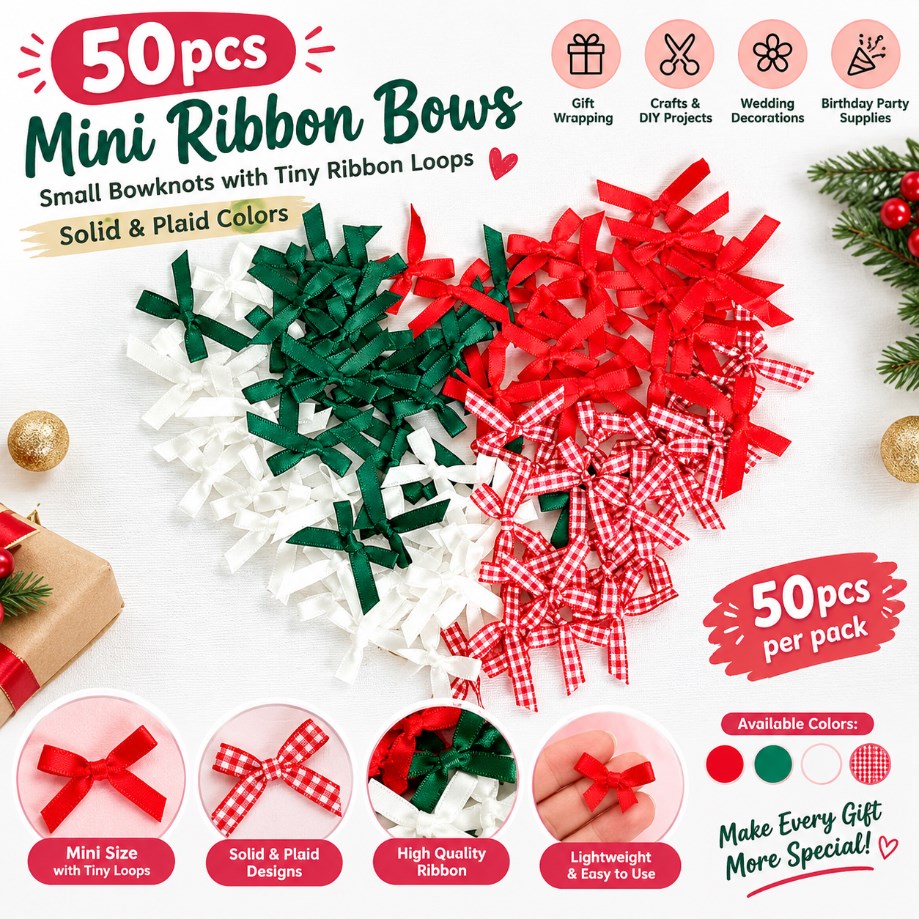 50pcs Mini Ribbon Bowknots Solid Plaid Decorative Bows for Gift Wrapping Crafts DIY Birthday Party