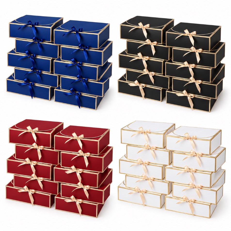 10pcs | Clamshell Luxury Gift Box | Gold Edge with Satin Ribbon Bow | Flip Top Jewelry Packaging Box