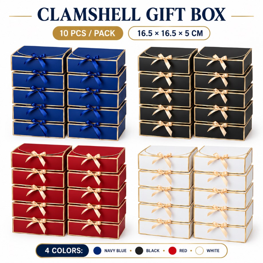 10pcs | Clamshell Luxury Gift Box | Gold Edge with Satin Ribbon Bow | Flip Top Jewelry Packaging Box