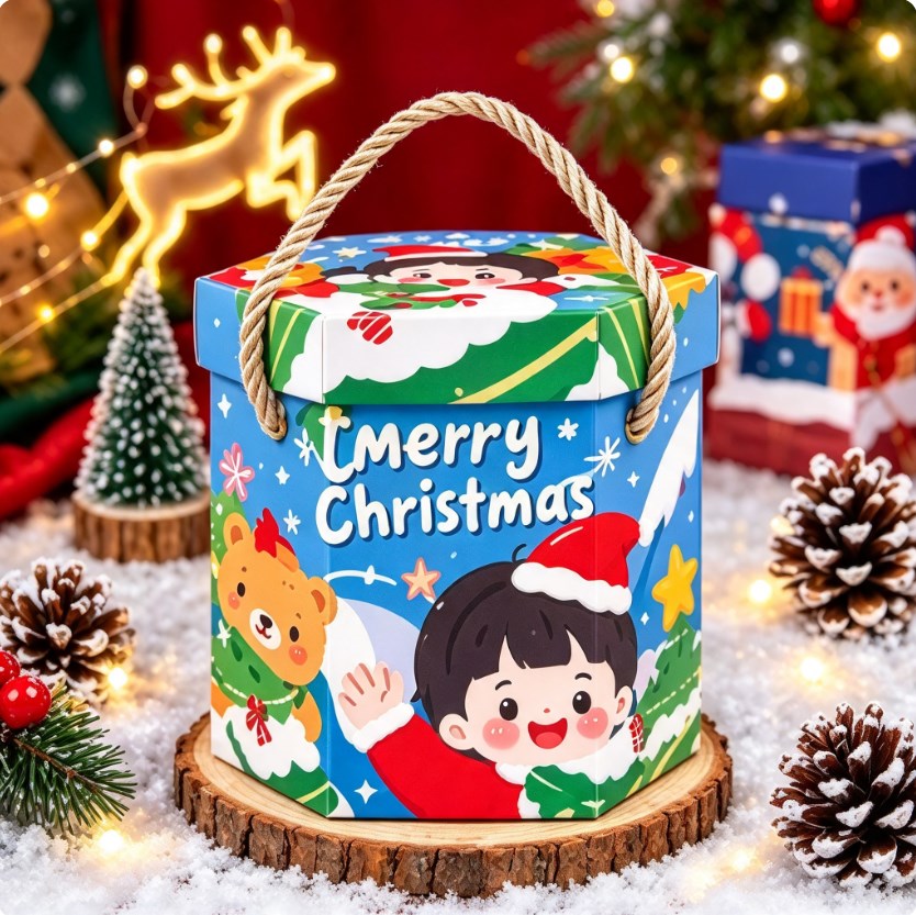 10PCS Hexagonal Christmas Gift Box with Handle Random Design Holiday Gift Candy Packaging