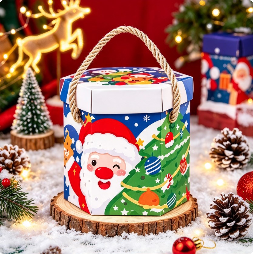 10PCS Hexagonal Christmas Gift Box with Handle Random Design Holiday Gift Candy Packaging