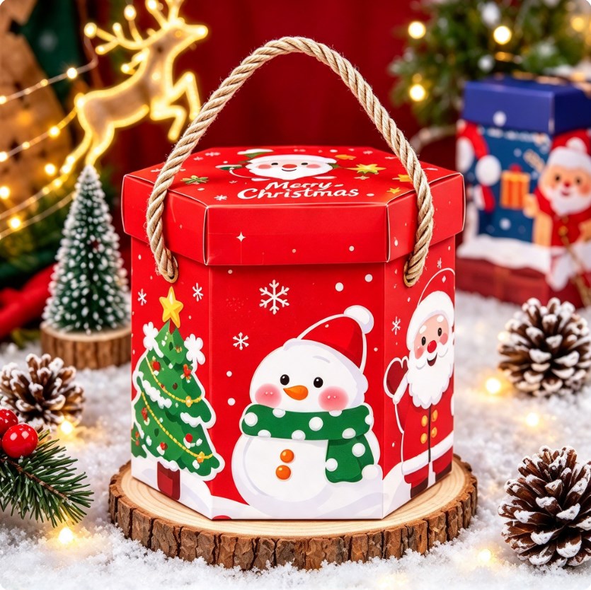 10PCS Hexagonal Christmas Gift Box with Handle Random Design Holiday Gift Candy Packaging