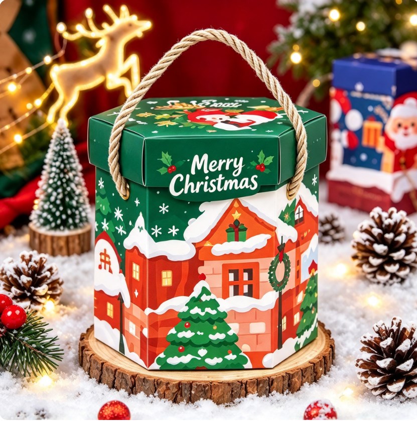 10PCS Hexagonal Christmas Gift Box with Handle Random Design Holiday Gift Candy Packaging