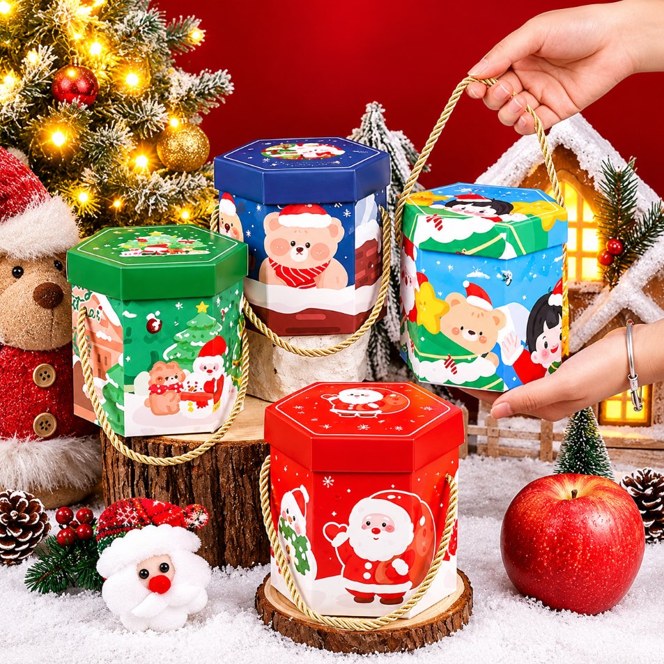 10PCS Hexagonal Christmas Gift Box with Handle Random Design Holiday Gift Candy Packaging