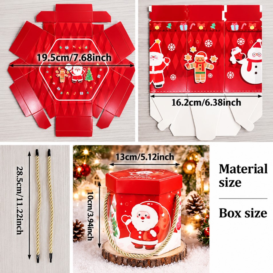 10PCS Hexagonal Christmas Gift Box with Handle Random Design Holiday Gift Candy Packaging