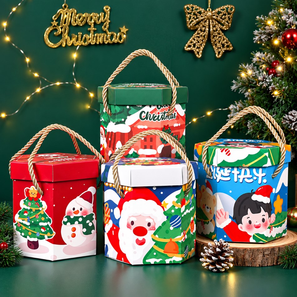 10PCS Hexagonal Christmas Gift Box with Handle Random Design Holiday Gift Candy Packaging