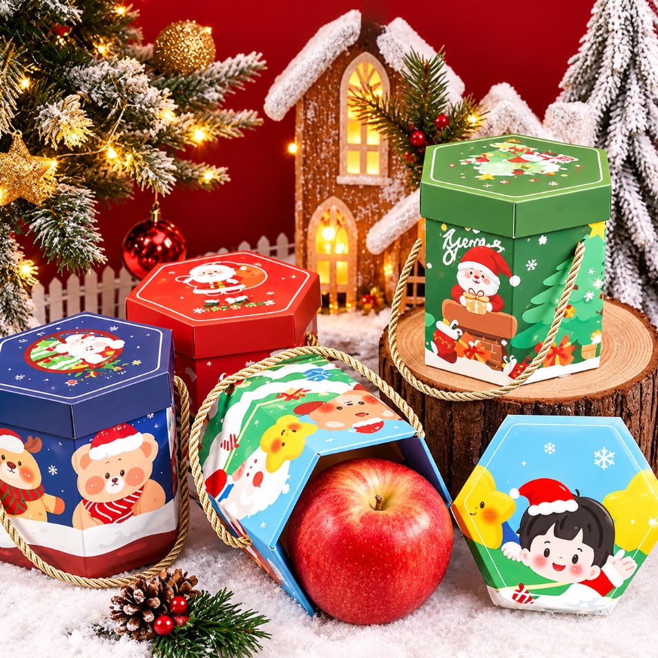 10PCS Hexagonal Christmas Gift Box with Handle Random Design Holiday Gift Candy Packaging
