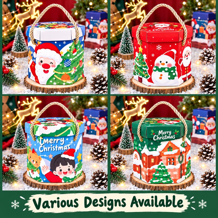10PCS Hexagonal Christmas Gift Box with Handle Random Design Holiday Gift Candy Packaging