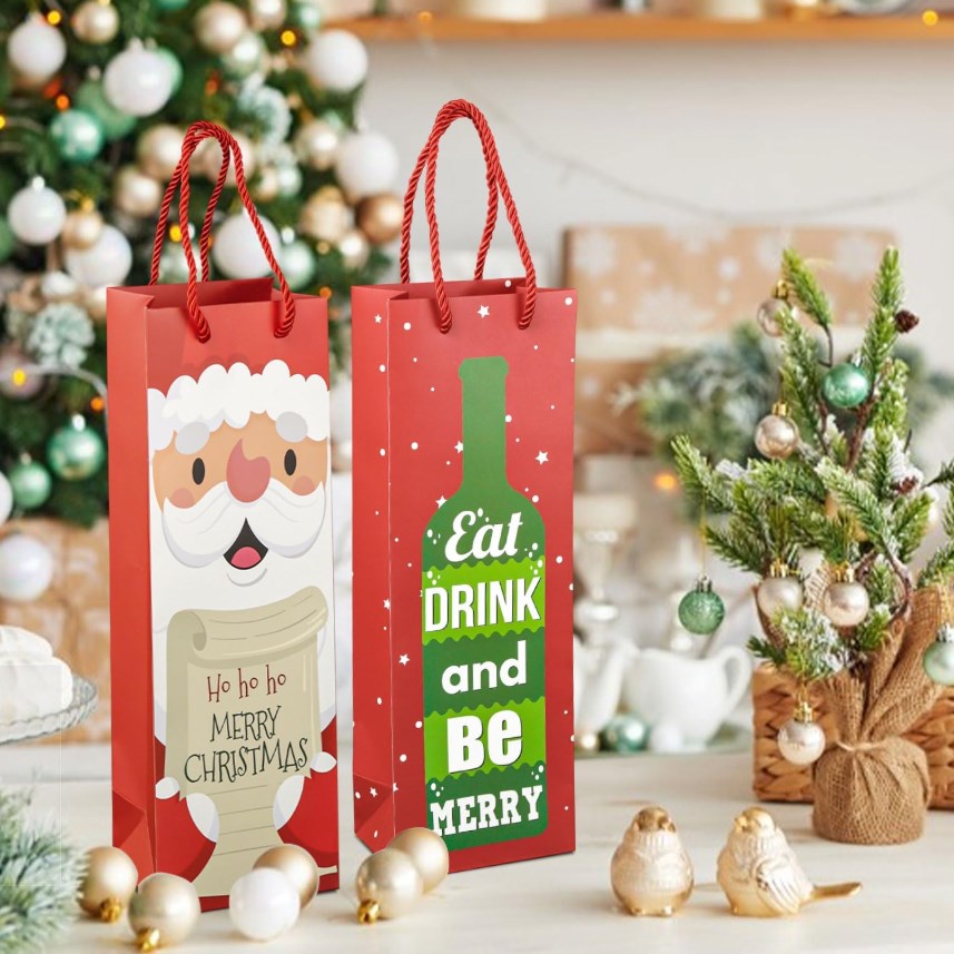 4PCS Christmas Wine Bottle Gift Bags with Handles – Holiday Wine Packaging Bags, 4 Designs