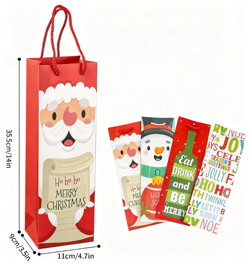 4PCS Christmas Wine Bottle Gift Bags with Handles – Holiday Wine Packaging Bags, 4 Designs