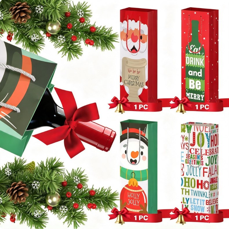 4PCS Christmas Wine Bottle Gift Bags with Handles – Holiday Wine Packaging Bags, 4 Designs
