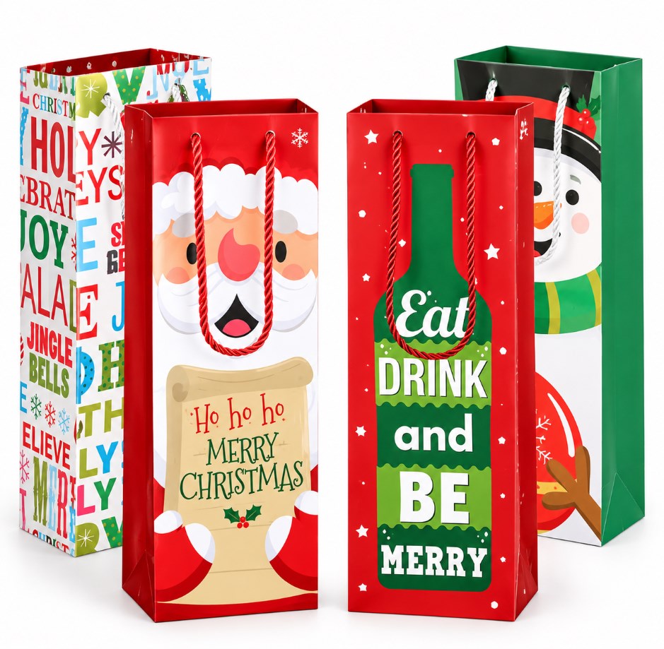 4PCS Christmas Wine Bottle Gift Bags with Handles – Holiday Wine Packaging Bags, 4 Designs