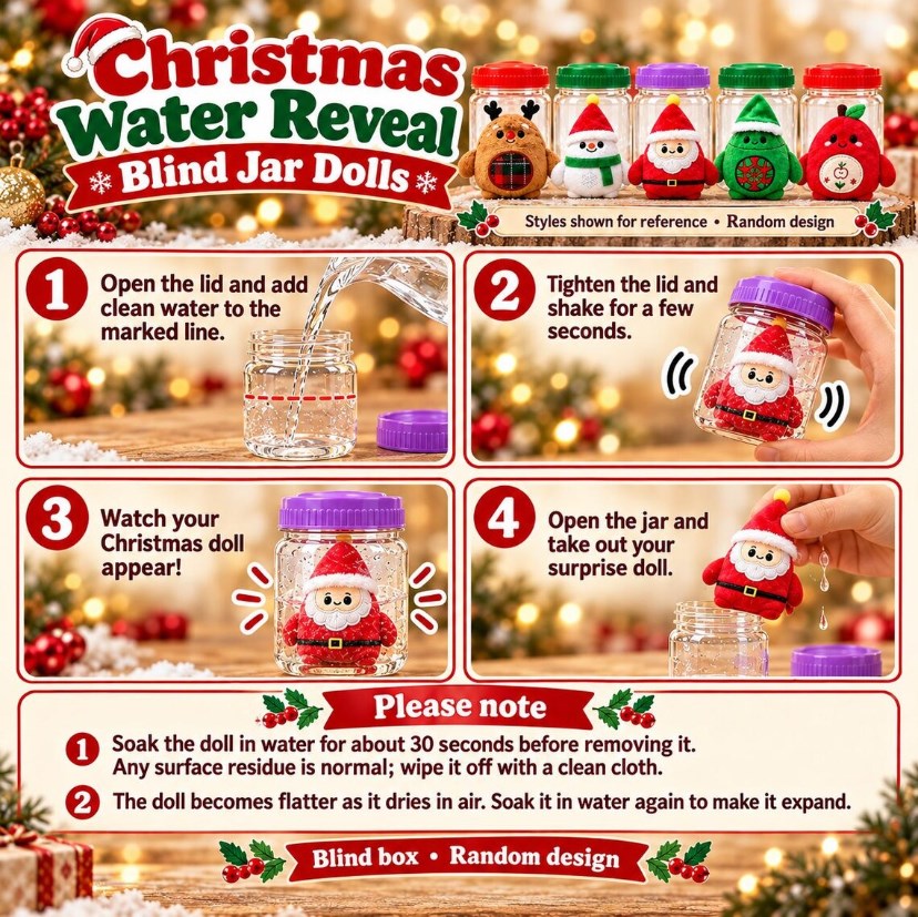 Christmas Magic Shake Jar Blind Box Toy – Mini Plush Surprise Water Reveal Holiday Gift