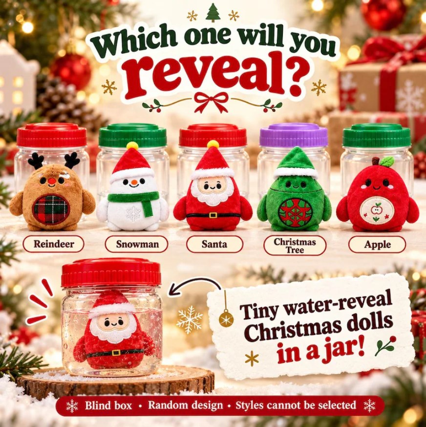 Christmas Magic Shake Jar Blind Box Toy – Mini Plush Surprise Water Reveal Holiday Gift