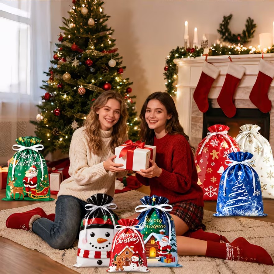 5PCS Christmas Foil Drawstring Gift Bags with Ribbon – Assorted Holiday Designs Gift Packaging Bags