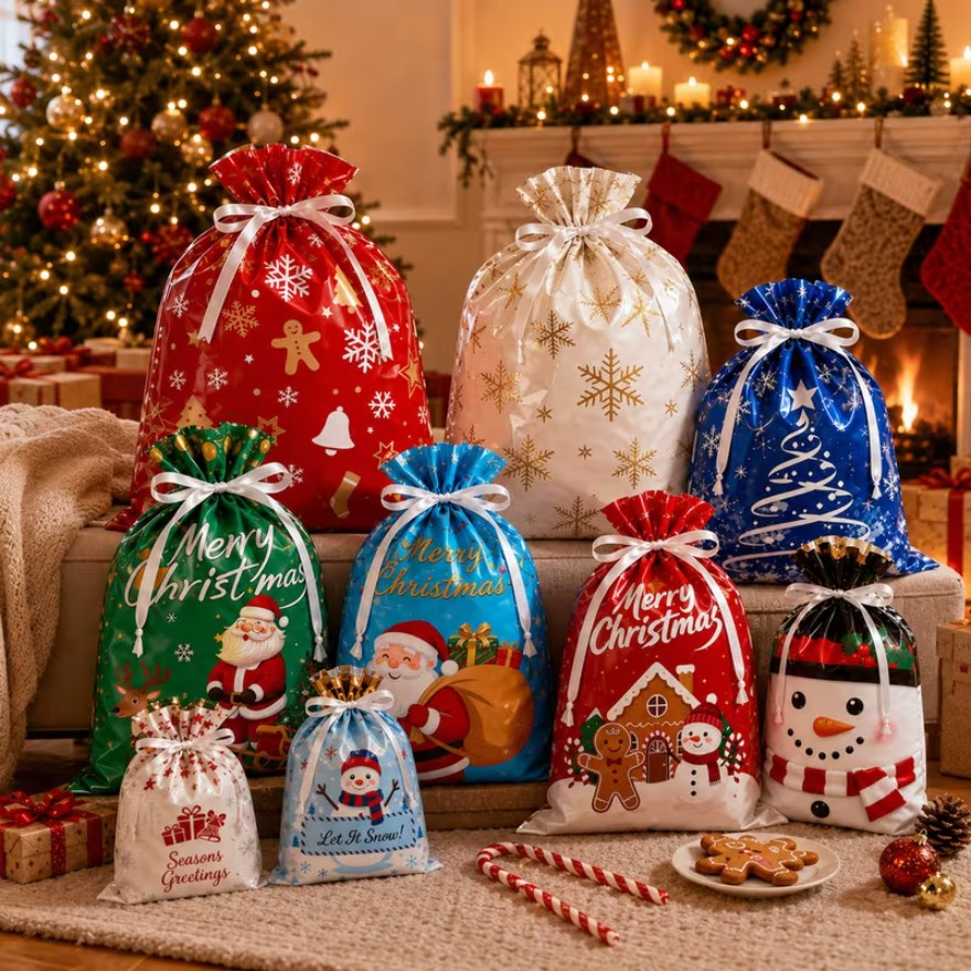 5PCS Christmas Foil Drawstring Gift Bags with Ribbon – Assorted Holiday Designs Gift Packaging Bags
