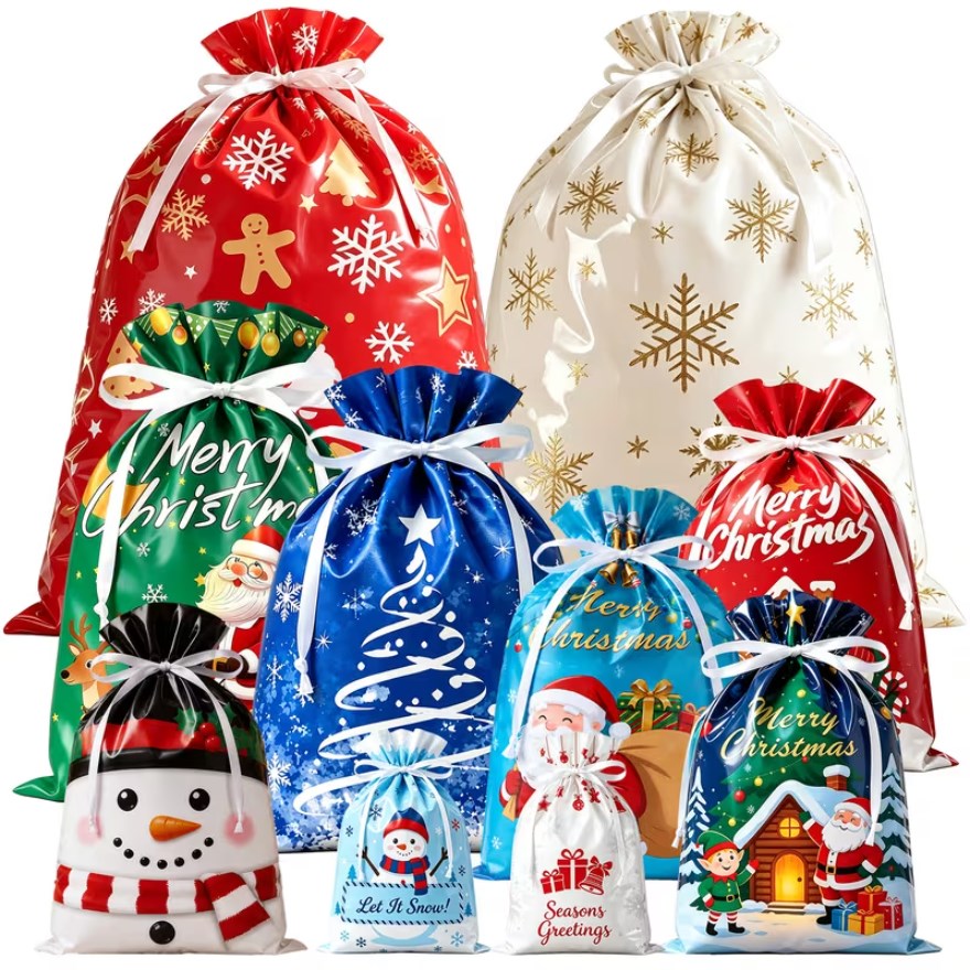 5PCS Christmas Foil Drawstring Gift Bags with Ribbon – Assorted Holiday Designs Gift Packaging Bags